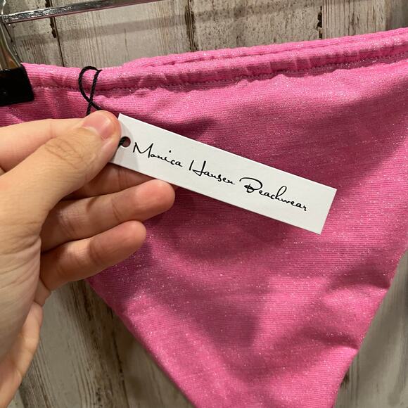 New! Monica Hansen MHB Revolve Lurex Side Tie Cheeky Bikini Bottom Pink S - Picture 4 of 4